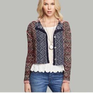 Free People Cardigan Sweater Aztec Mixed Knit Open Slit Back Wool Blend